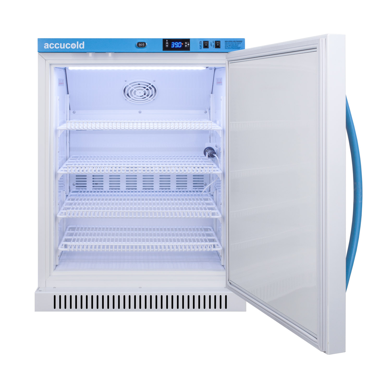 Purpose-built ADA height all-refrigerator for breast milk storage with 4 adjustable shelves, antimicrobial silver-ion handle, and hospital grade cord with 'green dot' plug